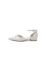 Glitter Pointed Toe Pearl Ankle Strap Low Heels With Bow
