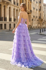 Glitter Tulle Corset Ruffle Tiered Long Prom Dress with Slit