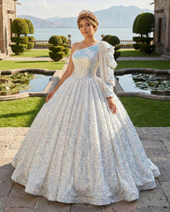 Glitter White Sequined One Shoulder Ball Gown Quinceanera Dress
