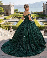Dark Green Off The Shoulder Ball Gown Sequined Quinceanera Dress