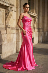 Fuchsia Spaghetti Straps Mermaid Satin Slit Prom Dresses