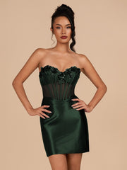 Dark Green Bodycon Satin Sweetheart Corset Homecoming Dress with Sequined Flowers