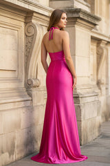 Floral Applique Halter Fuchsia Mermaid Prom Dress with Cut-out