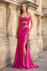 Floral Applique Halter Fuchsia Mermaid Prom Dress with Cut-out