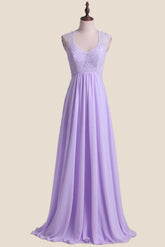 Lavender Lace and Chiffon A-line Long Bridesmaid Dress