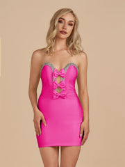 Fuchsia - Bodycon Strapless Cut Out Satin Beaded Homecoming Dress With Bows