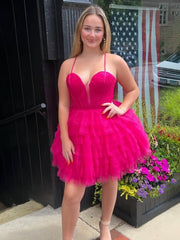 Fuchsia - V Neck Tulle Ruffles A-line Short Homecoming Dresses
