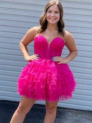Fuchsia - V Neck Tulle Ruffles A-line Short Homecoming Dresses