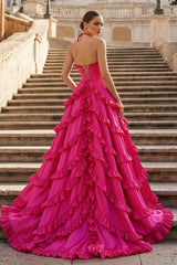 Fuchsia Halter Neck Tiered Ruffles Long Prom Dress