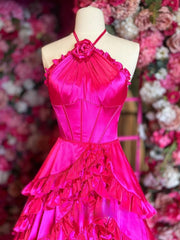 Fuchsia Halter Neck Tiered Ruffles Long Prom Dress