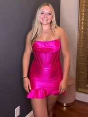 Fuchsia - Strapless Bodycon Satin Pleated Homecoming Dresses With Beading