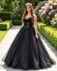 Glitter Tulle Sweetheart Black Long Quinceanera Dresses