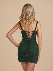 Dark Green Bodycon Sweetheart Satin Short Homecoming Dress with Lace Appliqués