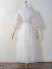 Deep V Starlit Cloud Ruffle Cuffs Maxi Length Dress