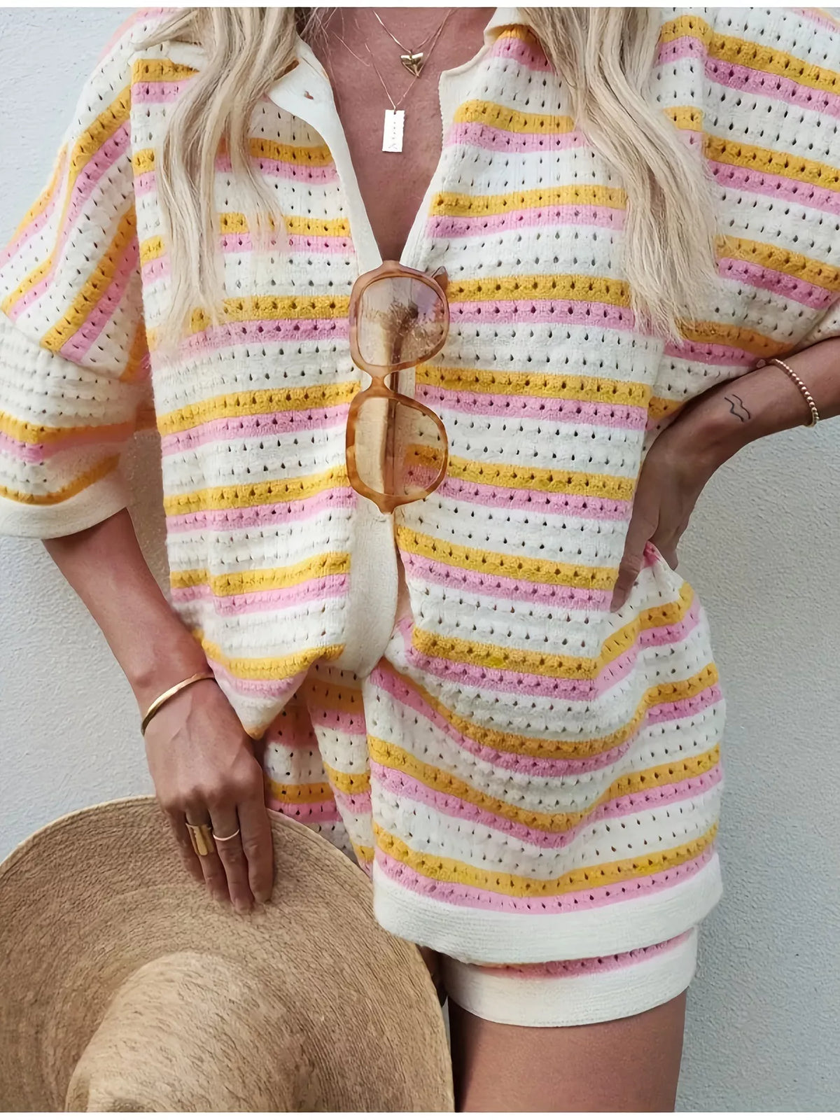 Hazel Blues® |  Openwork Button Up Top and Shorts Set