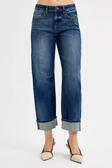 Hazel Blues® |  RISEN Slouchy Crop Barrel Cuffed Jeans