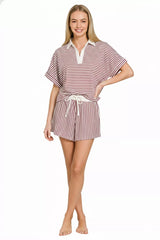 Hazel Blues® |  Zenana Striped Collared Top & Shorts Set