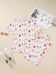Hazel Blues® |  Christmas Spirit Cute Holiday Print Short Sleeve Shirt and Pants 2pcs Pajama Set