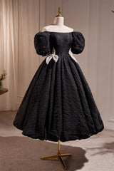 Off the Shoulder Black Tea Length Party Dress
