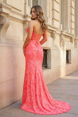 Fuchsia Strapless Sequins Lace Mermaid Prom Dresses with Slit