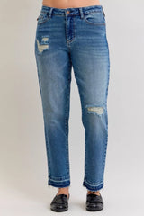Hazel Blues® | Judy Blue Mid Rise Bf Patch & Repair Destroy Release Hem Jeans