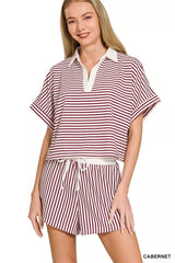Hazel Blues® |  Zenana Striped Collared Top & Shorts Set