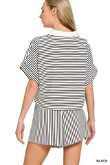 Hazel Blues® |  Zenana Striped Collared Top & Shorts Set
