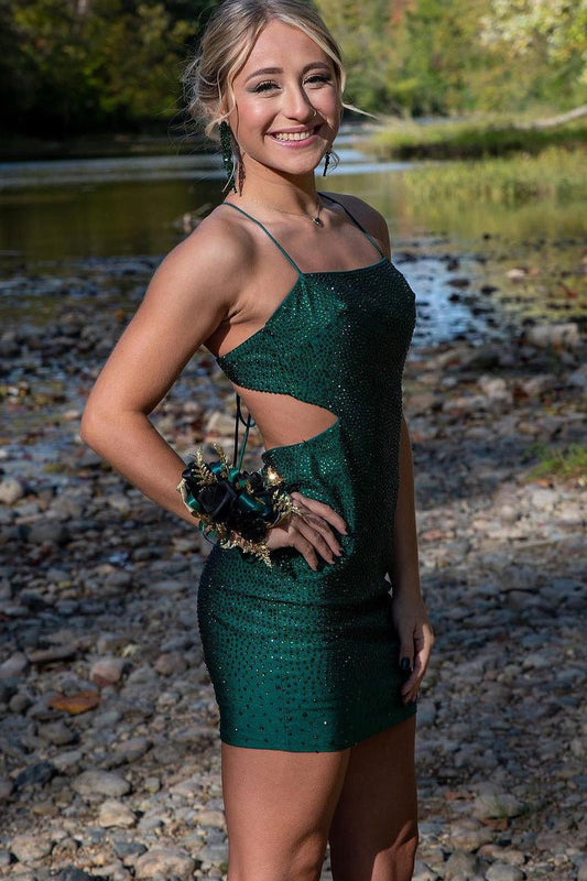 Dark Green Spaghetti Straps Mini Party Dresses with Beading