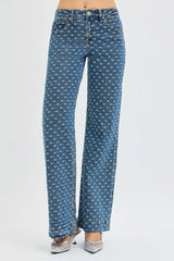 Hazel Blues® |  RISEN High Rise Wide Leg Bow Embroidered Jeans