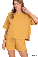 Hazel Blues® |  Zenana Raised Rib Short Sleeve Tee and Drawstring Shorts Set