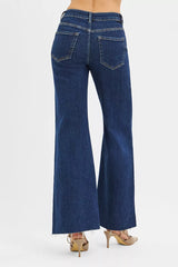 Hazel Blues® |  RISEN High Rise Wide Flare Jeans with Front Leather Pocket Detail
