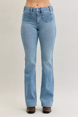 Hazel Blues® | Judy Blue Mid Rise Bootcut Jeans with Contrast Wash & Front Patch Pockets