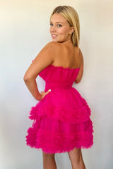 Fuchsia Strapless Tiered Tulle Short Homecoming Dresses