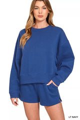 Hazel Blues® |  Zenana Fleece Round Neck Sweatshirt and Shorts Set