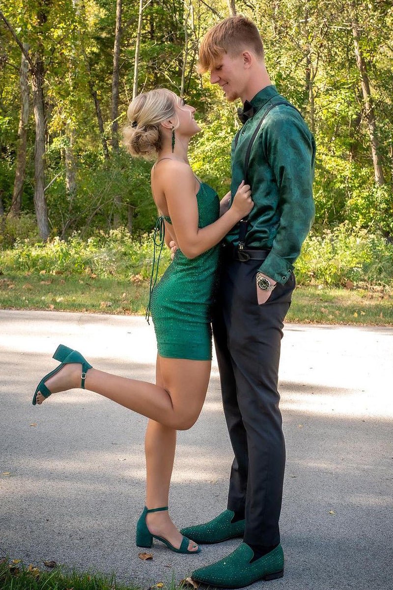 Dark Green Spaghetti Straps Mini Party Dresses with Beading