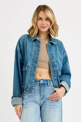 Hazel Blues® |  RISEN Oversized Cargo Pocket Denim Jacket with Cuffed Sleeves