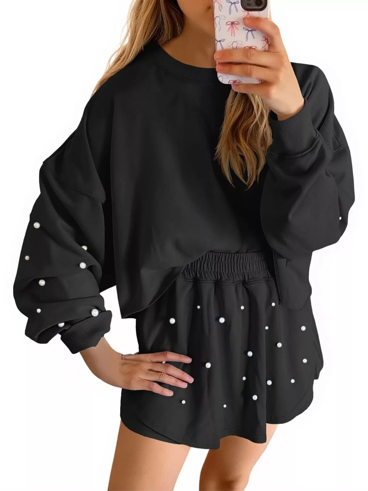 Hazel Blues® |  Pearl Embellished Round Neck Top and Skort Set