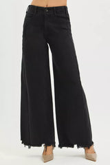 Hazel Blues® |  RISEN Tummy Control High Rise Palazzo Leg Frayed Hem Jeans