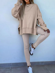 Hazel Blues® |  Solid Color Oversize Slit Sweatshirt and Ribbed Leggings 2pcs Set
