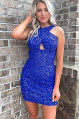 Glitter Turquoise Halter Backless Sequins Bodycon Tight Mini Party Dresses