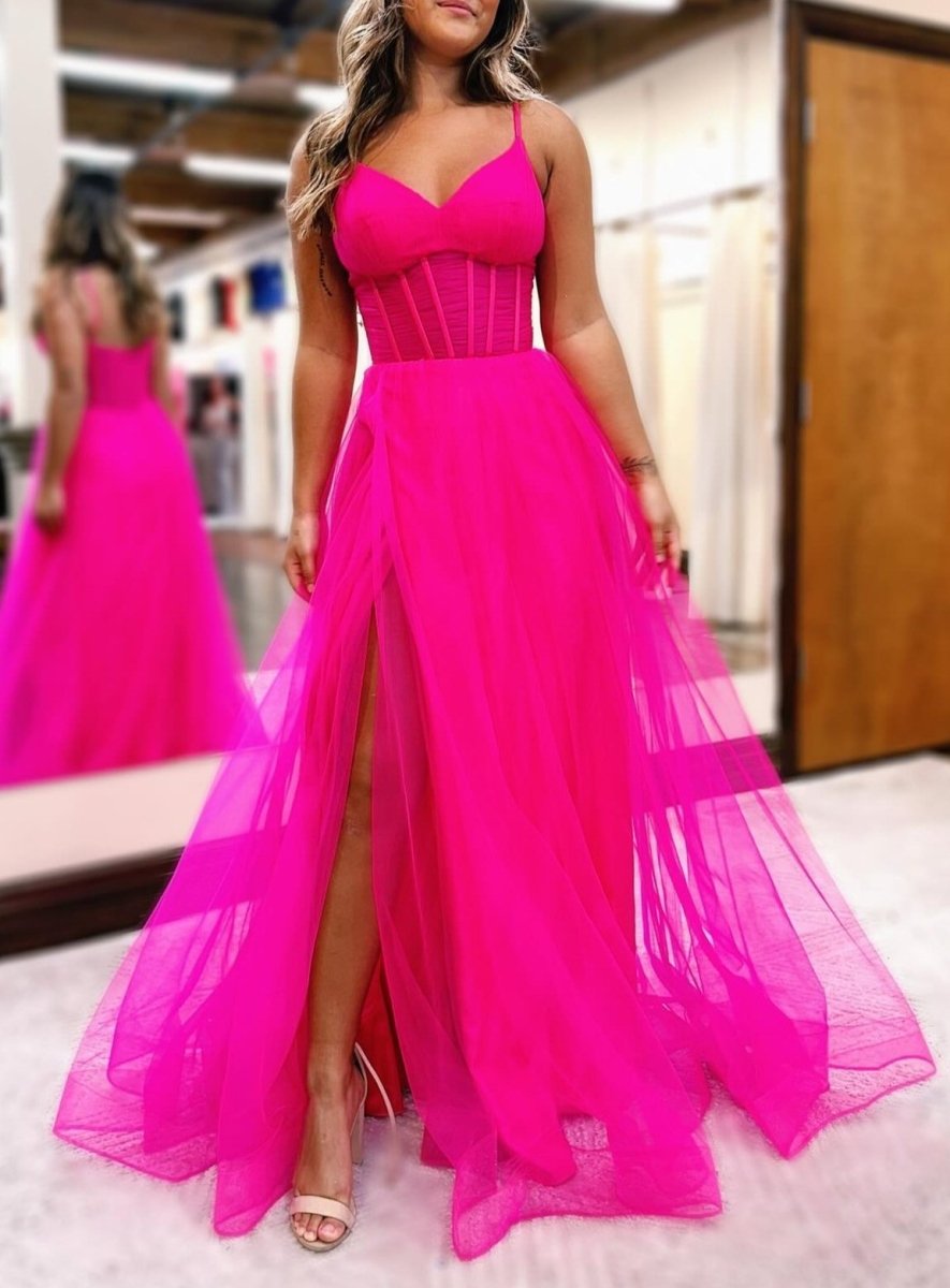 Fuchsia Spaghetti Straps Sheer Bodice A-Line Long Prom Dress with Slit