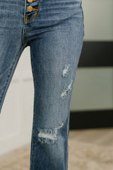 Hazel Blues® |  Marion Mid Rise Button Fly Flare with Destroy Fray Hem