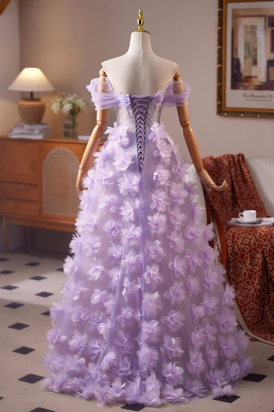 Off the Shoulder Lilac Floral Long Dress with Sequin