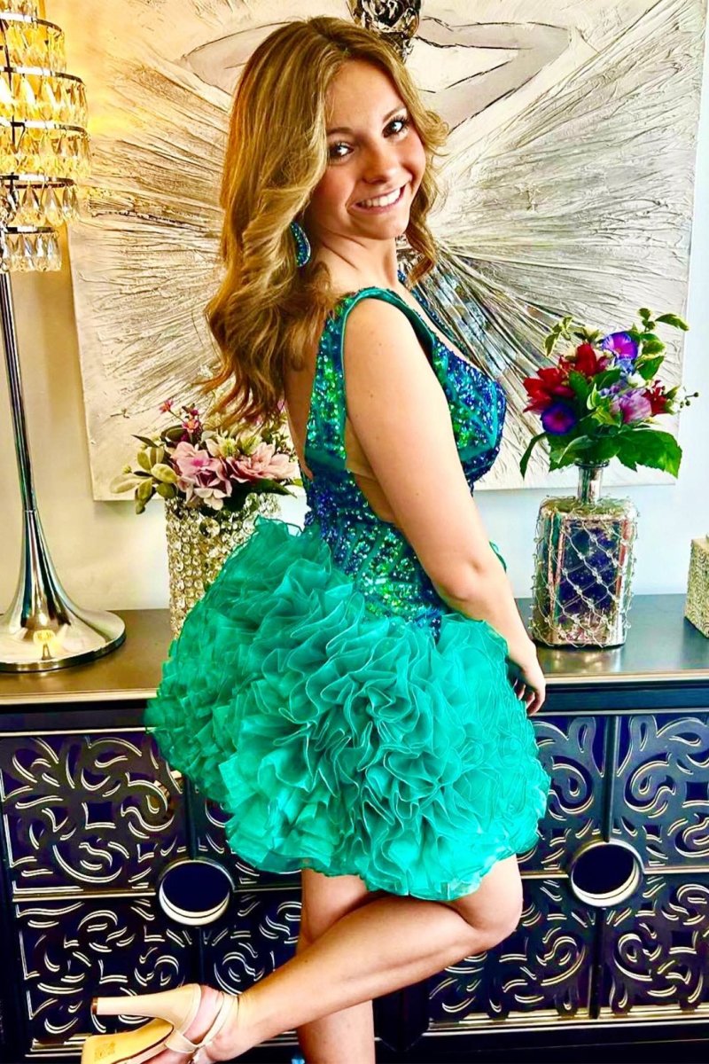 Emerald Sequin Plunge V-Neck Homecoming Dress