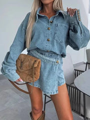 Hazel Blues® |  Button-Front Shirt and Mini Skirt Oversized Denim Set