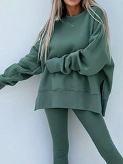 Hazel Blues® |  Solid Color Oversize Slit Sweatshirt and Ribbed Leggings 2pcs Set