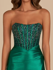 Dark Green - Bodycon Strapless Satin Corset Homecoming Dresses With Beads