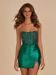 Dark Green - Bodycon Strapless Satin Corset Homecoming Dresses With Beads