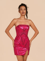 Fuchsia - Strapless Bodycon Sequins Mini Party Dresses With Slit