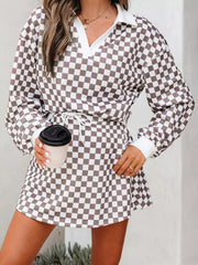 Hazel Blues® |  Checkered Print Polo Collar Cropped Long Sleeve Top and Drawstring Mini Skirt Set